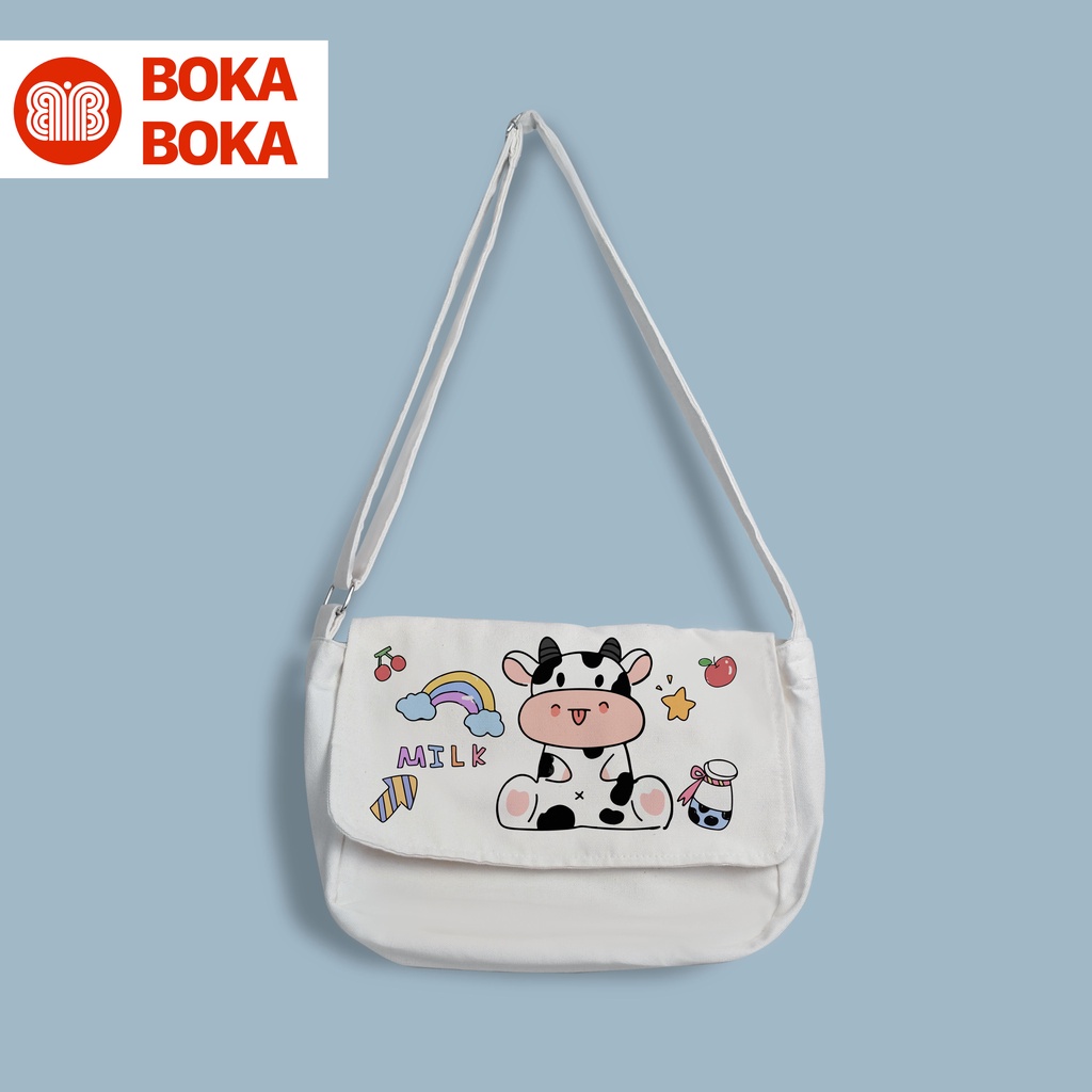 Túi Tote Đeo Chéo Vải Canvas Bò Sữa Phong Cách Ulzzang
