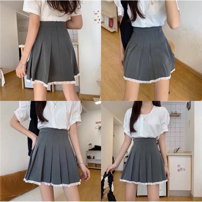 Sẵn + ảnh thật - Chân váy tennis viền ren xám