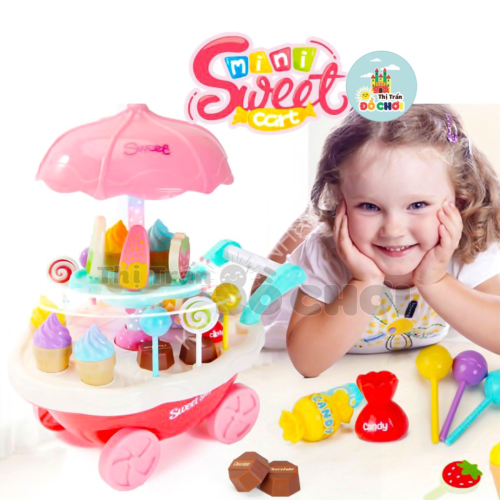 Đồ chơi nấu ăn mô hình xe đẩy cho bé bán kem kẹo có trục xoay 360 độ, có đèn, nhạc 668-54 - Thị trấn đồ chơi