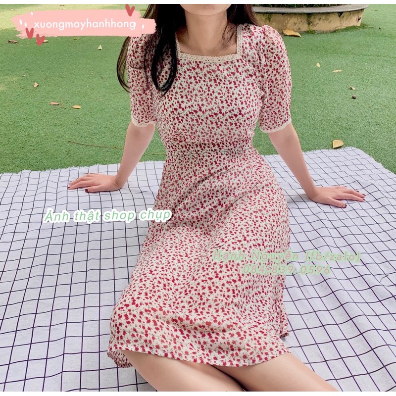 Váy hoa cổ vuông ren vintage tay lửng 2 lớp cực xinh