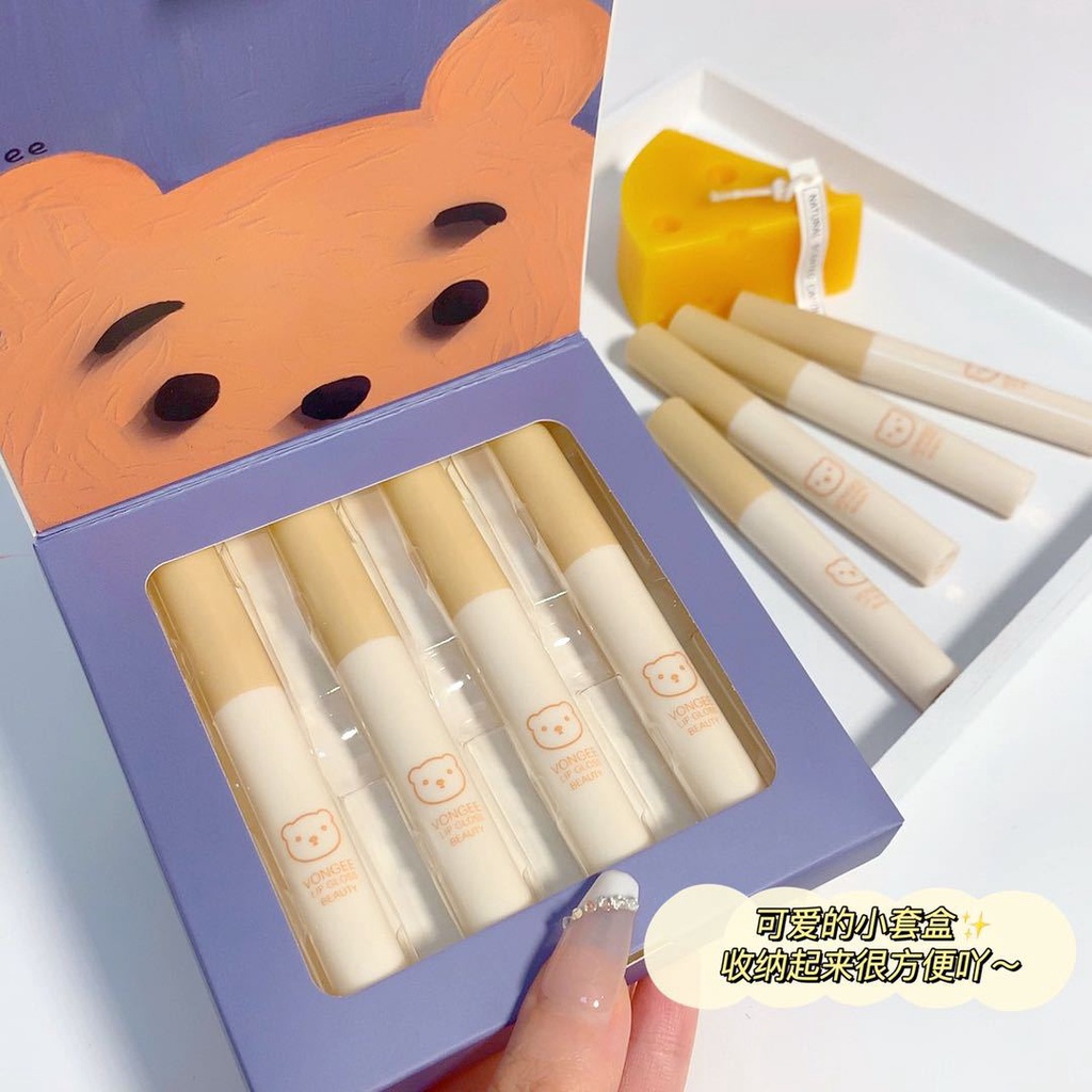 [Hàng mới về] Bộ 4 son môi VONGEE màu lì thiết kế họa tiết gấu hoạt hình đáng yêu