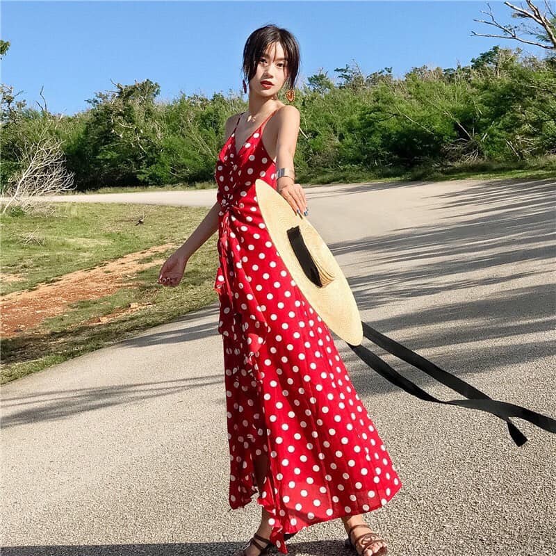 ĐẦM MAXI BI ĐỎ 2 DÂY NHÚN THUN TRƯỚC NGỰC PHỐI BÈO XẺ TÀ