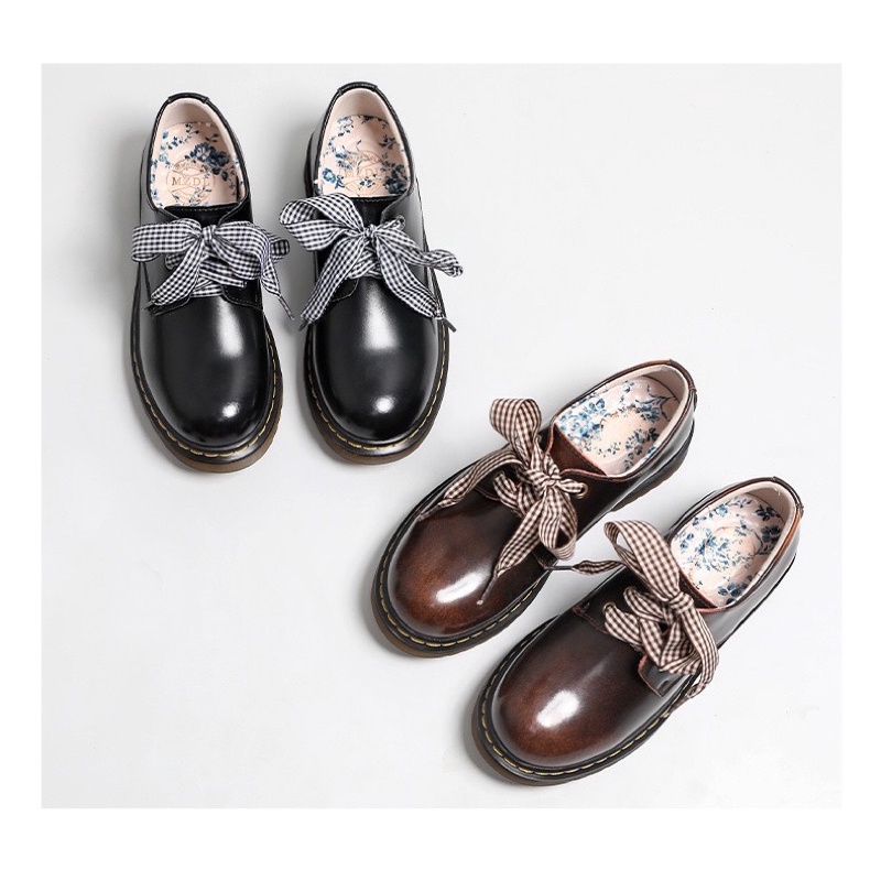 Giày nữ đa bò thật vintage phối ruy băng cao cấp