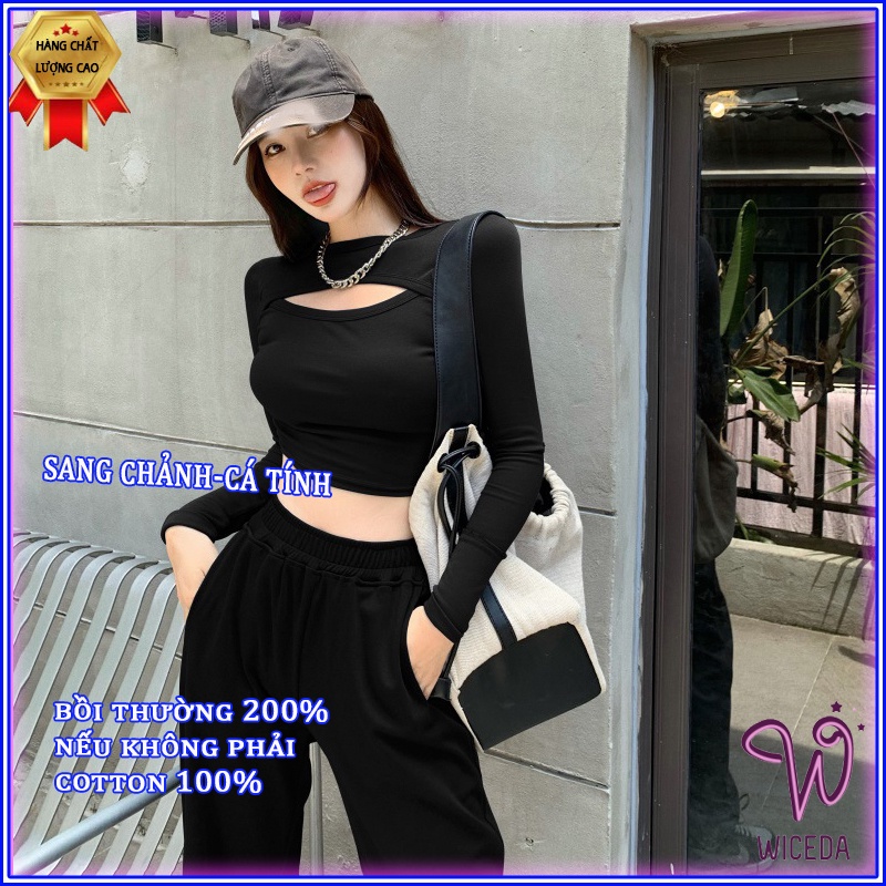 Áo croptop tay dài khoét ngực dây rút eo ôm body đẹp , ao thun kiểu nữ xinh chất cotton mềm mịn 2 màu đen trắng Wiceda 1