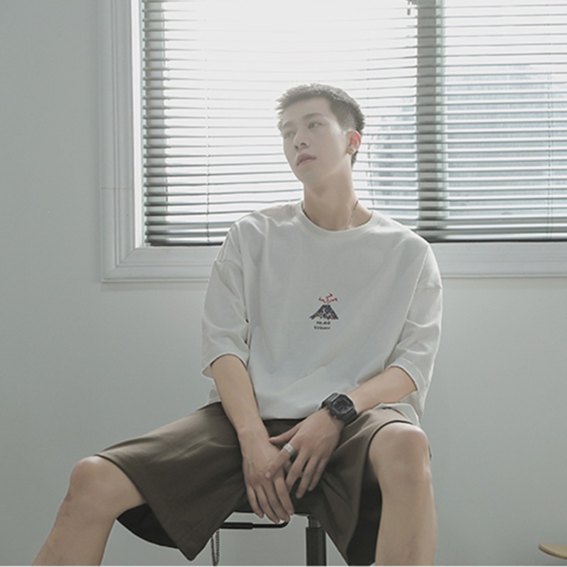 Áo thun nam tay lỡ cổ tròn form rộng streetwear phông unisex basic tee cotton teen oversize đen trắng giá rẻ NÚI LỬA