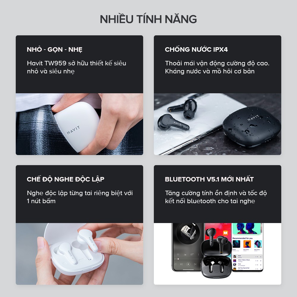 Tai nghe TWS Havit TW959, Bluetooth 5.1, Độ Trễ Lên Tới 65ms, Nghe Độc Lập, Pin Tới 20H, Kháng Nước IPX4- BH 12 Tháng