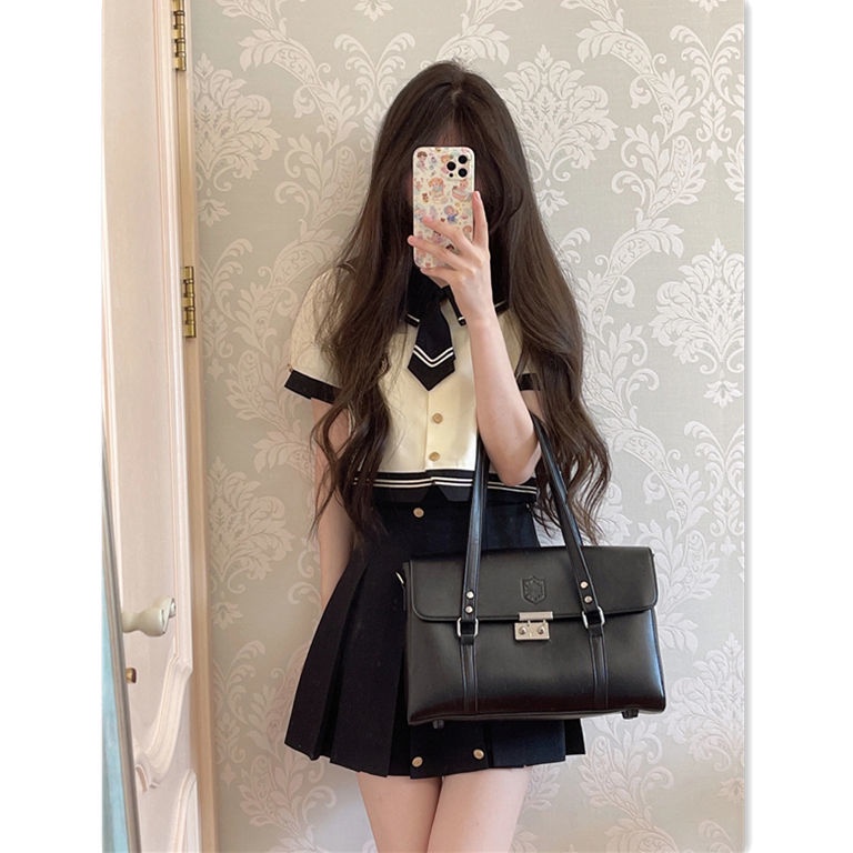 Phong Cách Mới Jiashucheng#Bộ Áo Sơ Mi + Chân Váy Xếp Ly Đáng Yêu Thời Trang Cho Nữ