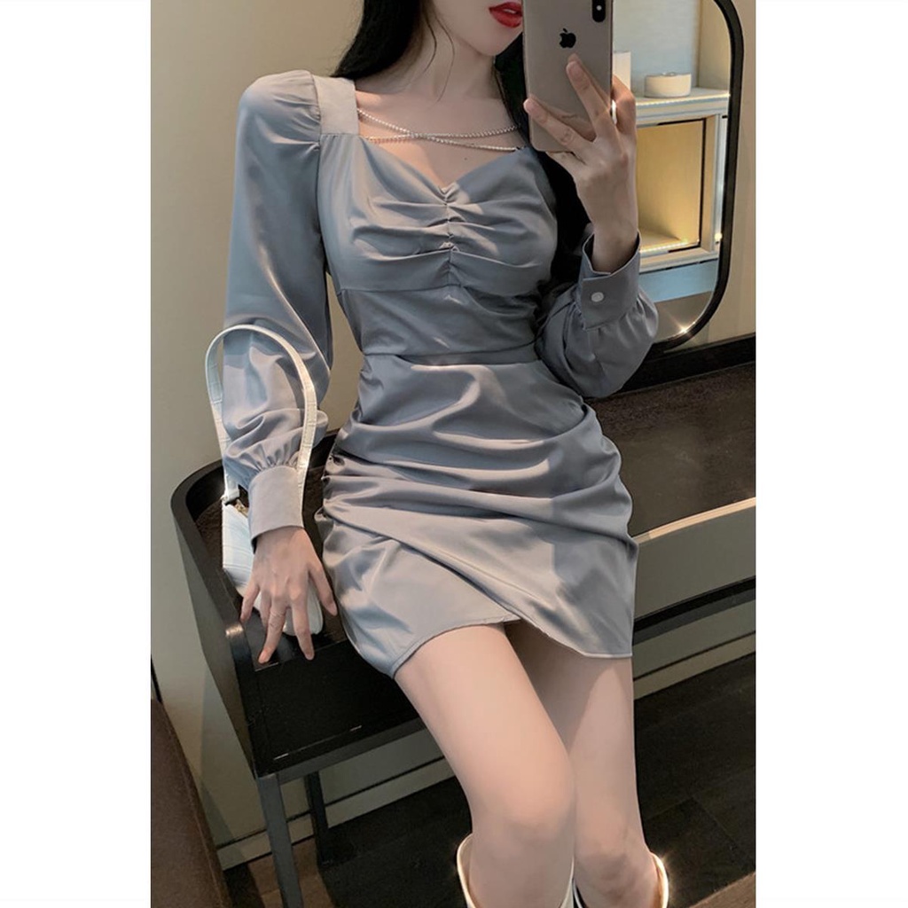 Đầm cổ vuông tay phồng xếp nếp thời trang hàng ngày mùa thu Pháp mới cho nữ