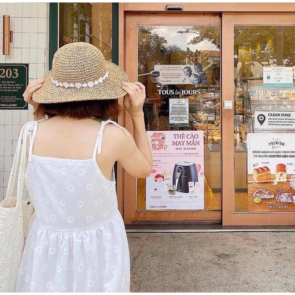Đầm - Váy babydoll 2 dây HOA CÚC mùa hè nơ vai chất đũi loại 1 siêu mát maxi (Ảnh thật) - Ngọc Uyên Store