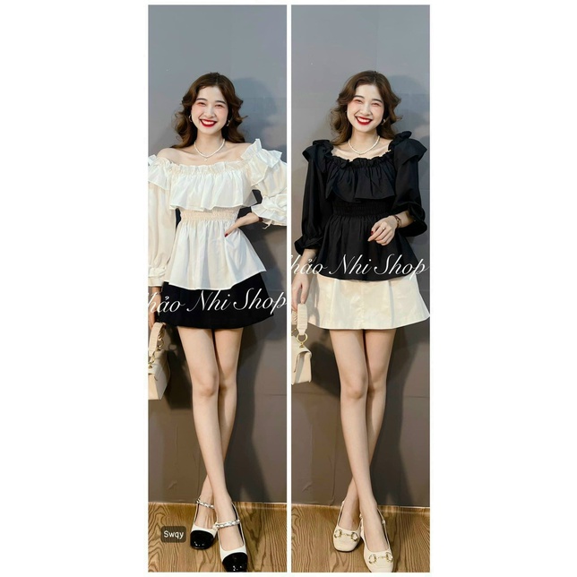 Áo Voan Kiểu Mới Trễ Vai Tay Dài Bánh Bèo Phối Nhún Trước Bụng Xinh Xắn  TTSLA0842