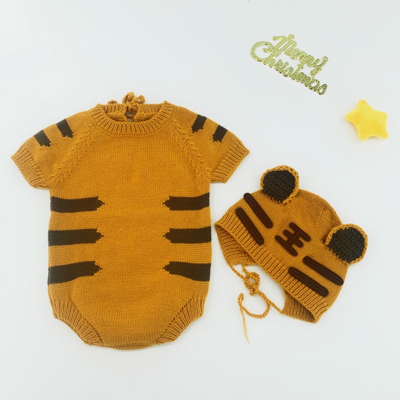 Bộ 2 Món Áo Liền Quần Dệt Kim In Hình Hổ Dễ Thương Dùng Chụp Ảnh Cho Bé Sơ Sinh