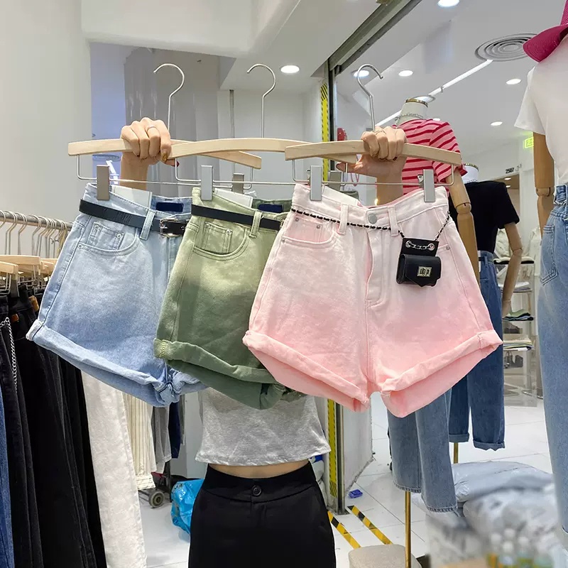 Quần short jeans ZHELIHANGFEI ống rộng lưng cao màu gradient thời trang mùa hè phong cách hong kong cho nữ