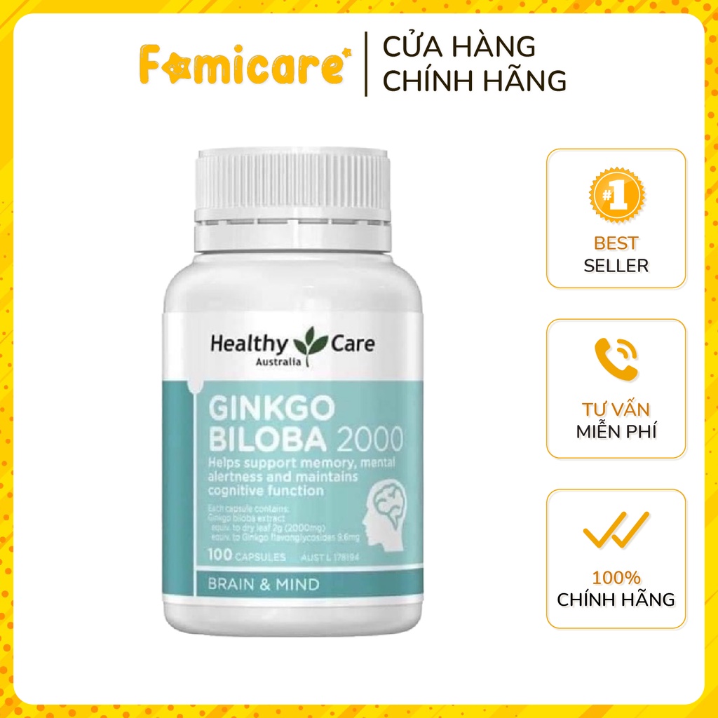Viên uống bổ não Ginkgo Biloba 2000mg Healthy Care hộp 100 viên