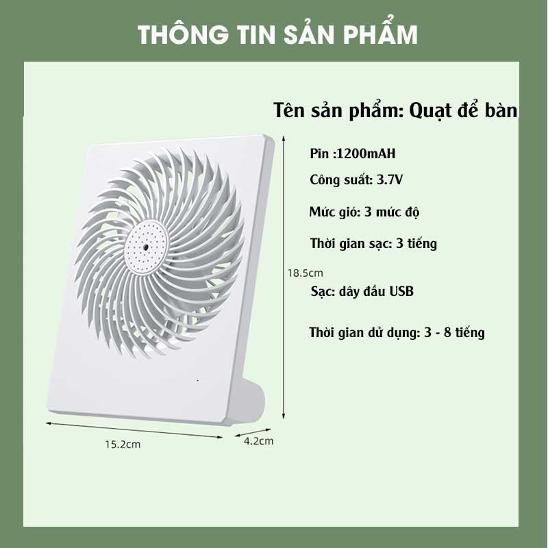 Quạt tích điện để bàn, quạt mini không dây sạc pin USB có 3 tốc độ gió, pin 1200mAh