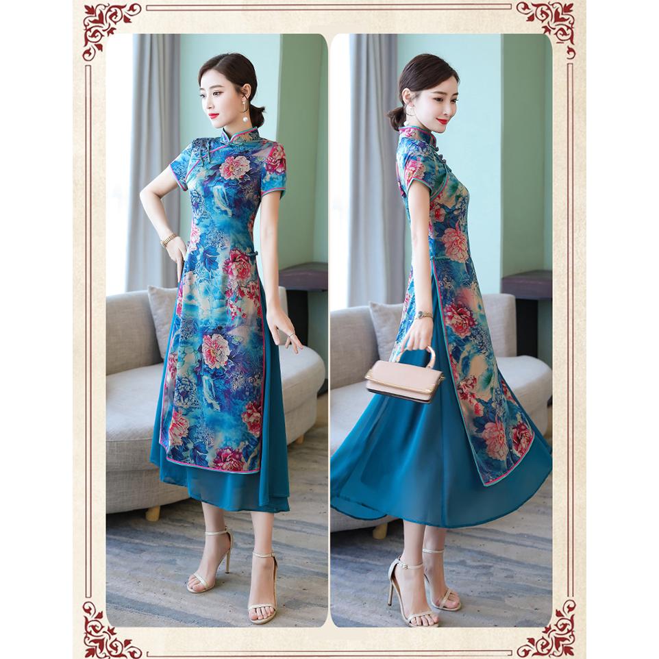 Sườn xám giả hai lớp phong cách Trung Hoa cổ điển