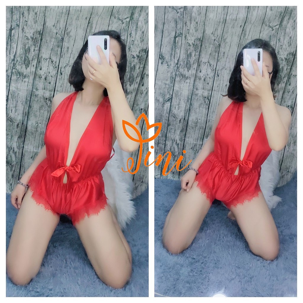 Đầm Ngủ Sexy Jumsuit Cổ V Khoét Sâu Hở Lưng Gợi Cảm - Satin Min Mát Phối Ren