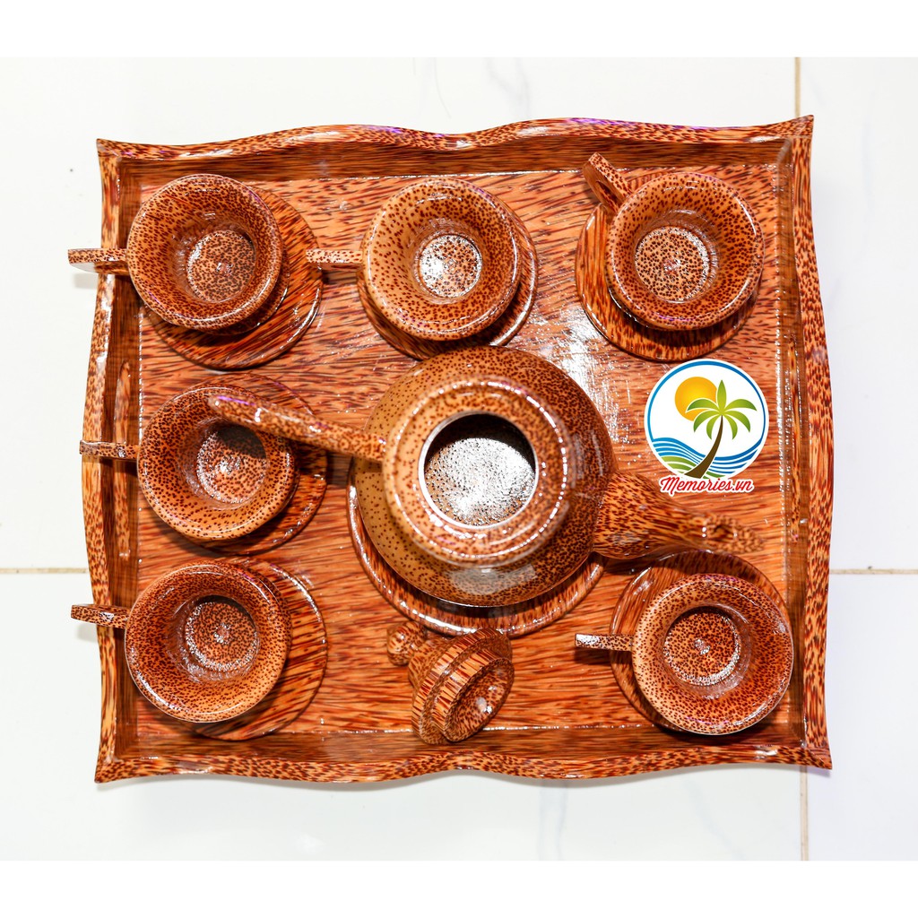 Bộ Bình Trà Cổ Cao/Khay Rượu Bằng Gỗ Dừa ( 1 Bình + 1 Khay + 6 Ly + 7 Dĩa Lót) - Quà tặng lễ tết / trang trí handmade