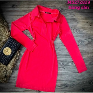 đầm cổ bẻ ôm body tay dài