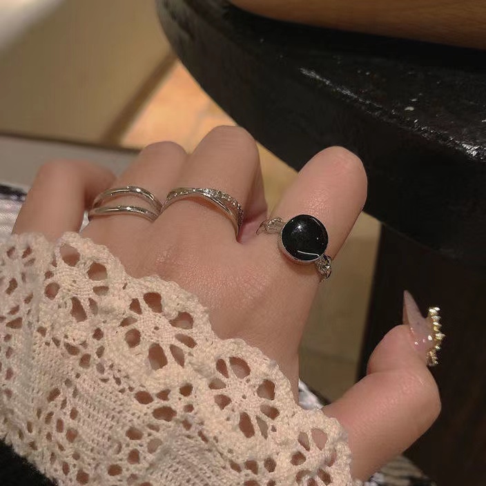 iF YOU Set 3 Nhẫn Bạc Phong Cách Hàn Quốc Màu Đen Cho Nữ