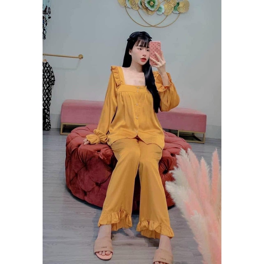 Pijama tay dài cổ vuông lụa latin siêu hot, đồ bộ nữ cao cấp giá rẻ 40kg đến 60kg, pijama nữ hot nhất hiện nay freeship