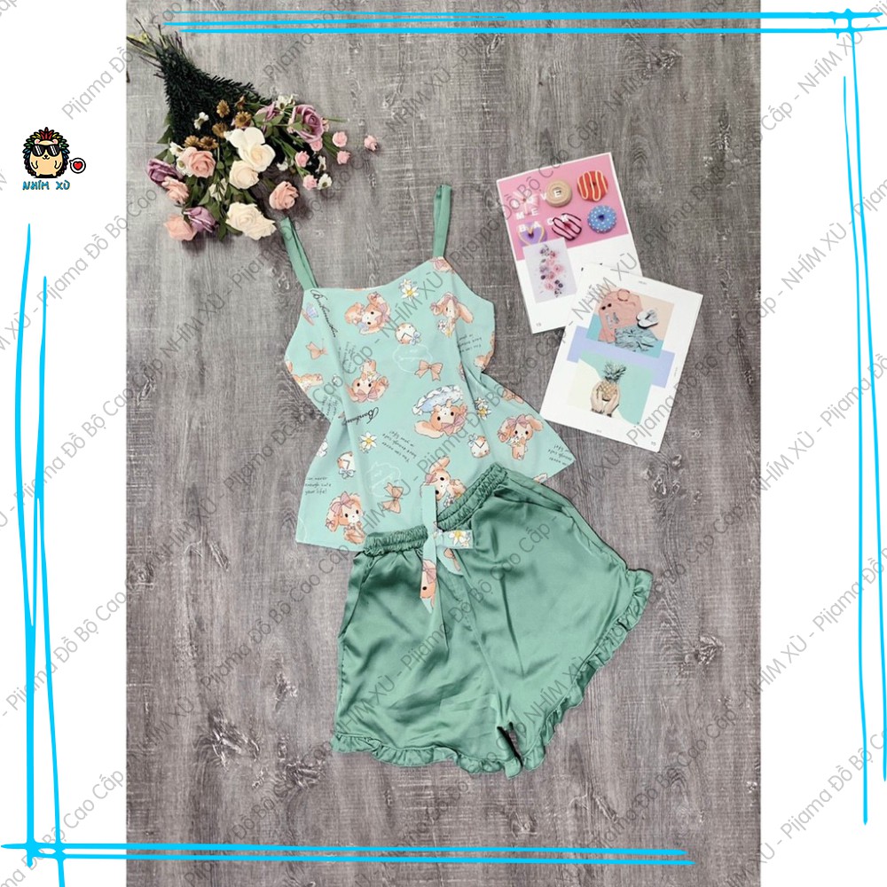 Đồ Bộ Ngủ Pijama Mặc Nhà Áo 2 Dây Quần Đùi Vải Satin Cao Cấp Logo Thỏ | BigBuy360 - bigbuy360.vn