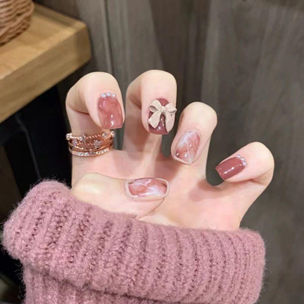 Hộp 24 Móng Tay Giả Ngắn / Tròn / Vuông Che Phủ Toàn Diện Kiểu Pháp MIHAN1