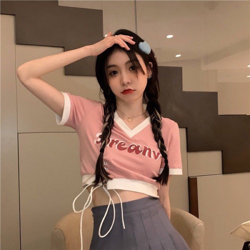 Áo Croptop cột dây cổ tim màu hồng siêu cute phong cách năng động