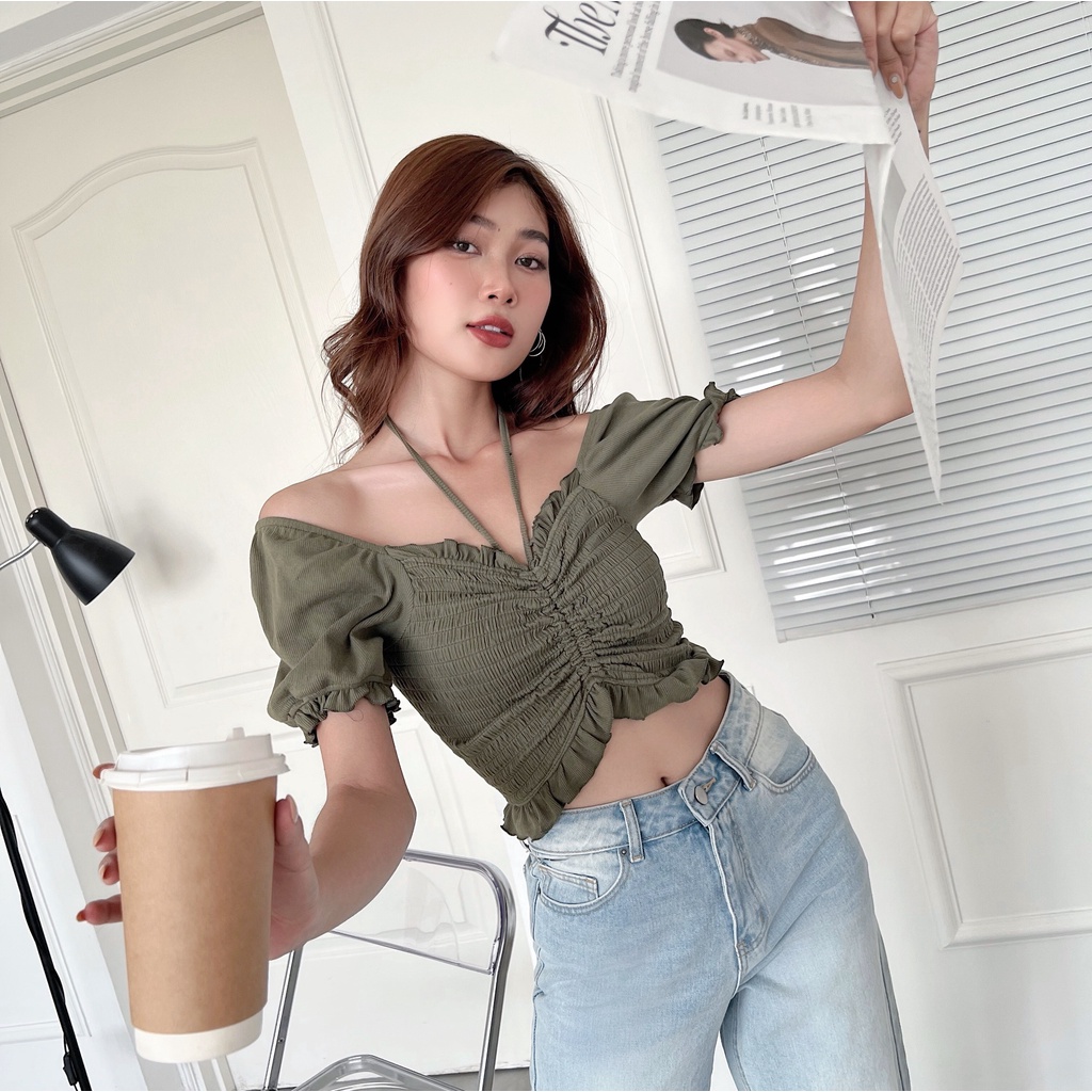 Áo croptop nữ ngắn tayTOPTIFY kiểu nhún thun bẹt vai dây yếm Sweet Creature Top AC247