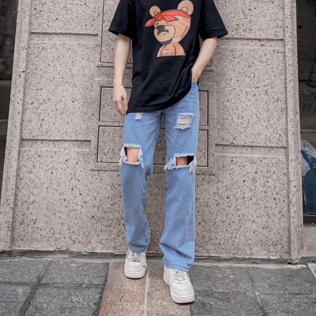 Quần Jean Nam Rách Gối Ống Rộng Suông Unisex