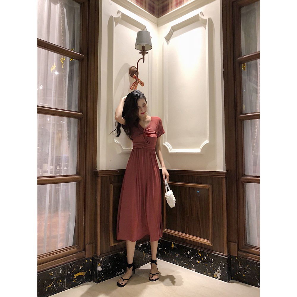 Váy Đỏ Đô Cổ V🌸 Bo Ngực Dáng Dài🌸 Sexy Cá Tính Hàng Quảng Châu