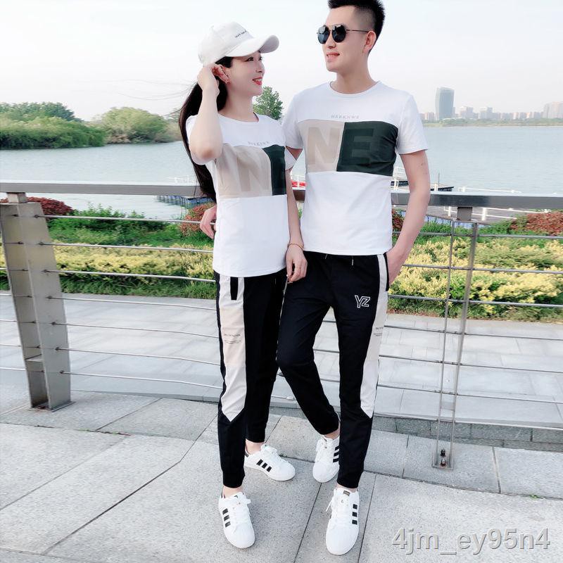 ☈﹊✟Người nổi tiếng mùa hè Bộ đồ thể thao giản dị nam phiên bản Hàn Quốc xu hướng cặp đôi cổ tròn tay áo thun quần tây ha