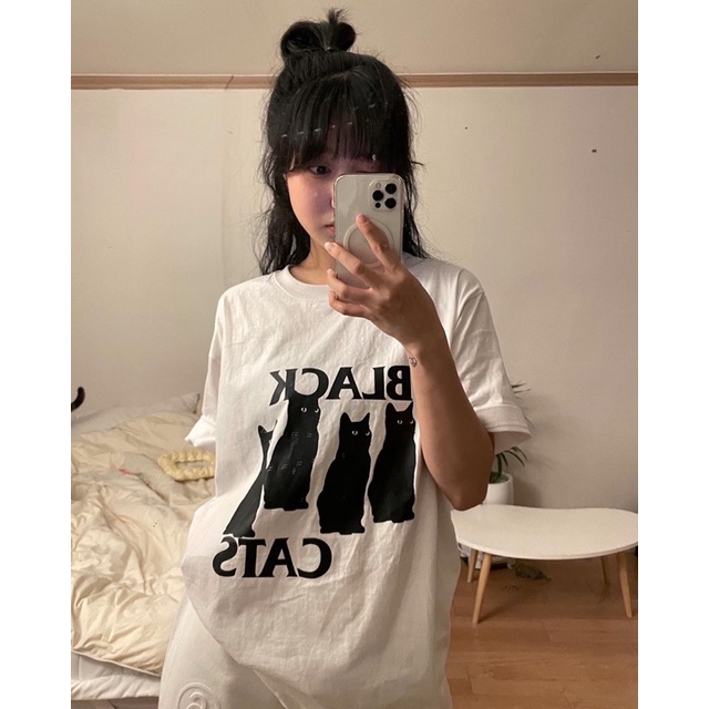 Áo thun Hàn Quốc Black Cats phong cách basic Treminal màu trắng - A036
