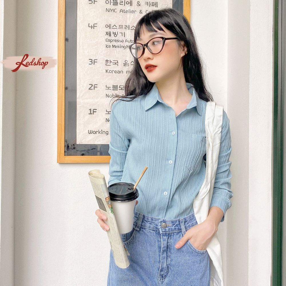 Áo sơ mi công sở nữ tay dài vải đũi sọc gân co giãn  - Red Shop