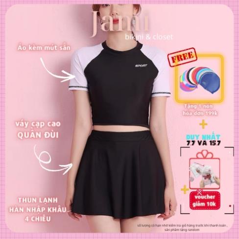 đồ bơi nữ kín đáo áo bới croptop tay ngắn váy bơi cạp cao quần đùi đồ bơi học sinh bikini Jami atd14 Xịn