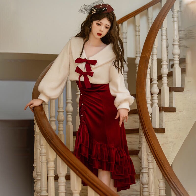 YAS0305-Set áo váy nhung đuôi cá phong cách retro