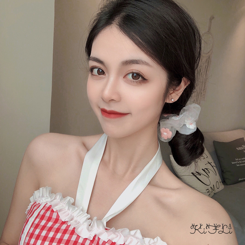 Dây buộc tóc trong suốt đính hoa bằng vải đáng yêu cho nữ 2021