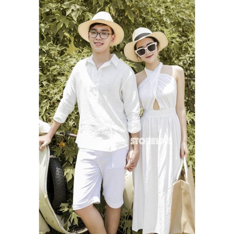 SET ĐỒ ĐÔI TÌNH NHÂN ÁO SƠ MI NAM ĐẦM NỮ ĐI BIỂN ĐẦM YẾM MÀU TRẮNG PHONG CÁCH HÀN QUỐC .