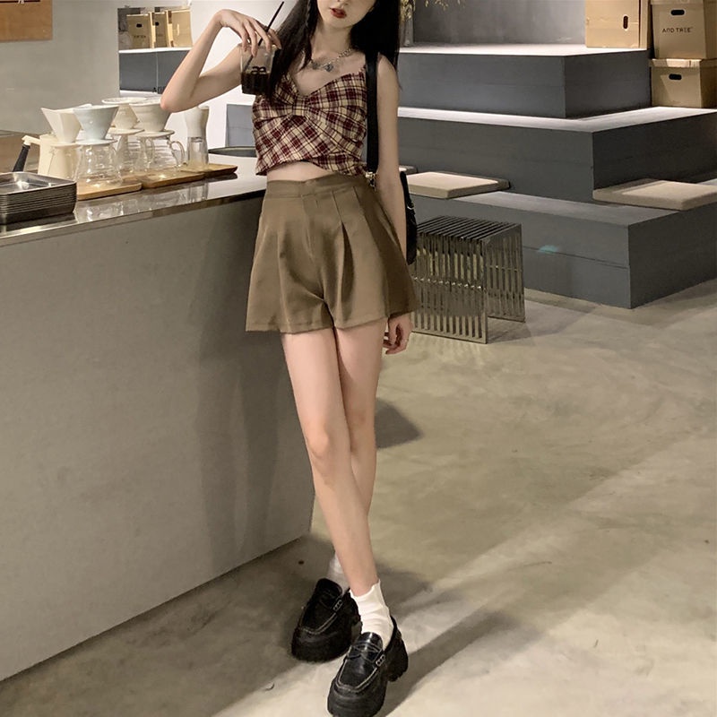 Jiashucheng Áo Croptop Hai Dây Xếp Ly Lưng Cao Thắt Nơ Họa Tiết Sọc Caro Thời Trang Mùa Hè