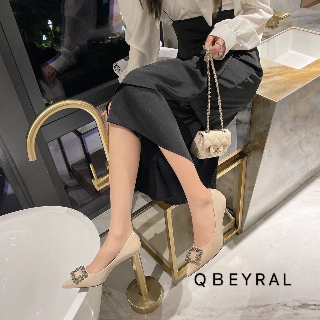 Giày thời trang nữ QC QBEL ❤️FREESHIP❤️ Giày công sở cao gót da lụa mũi nhọn, gót nhọn cao 7cm 7608-2