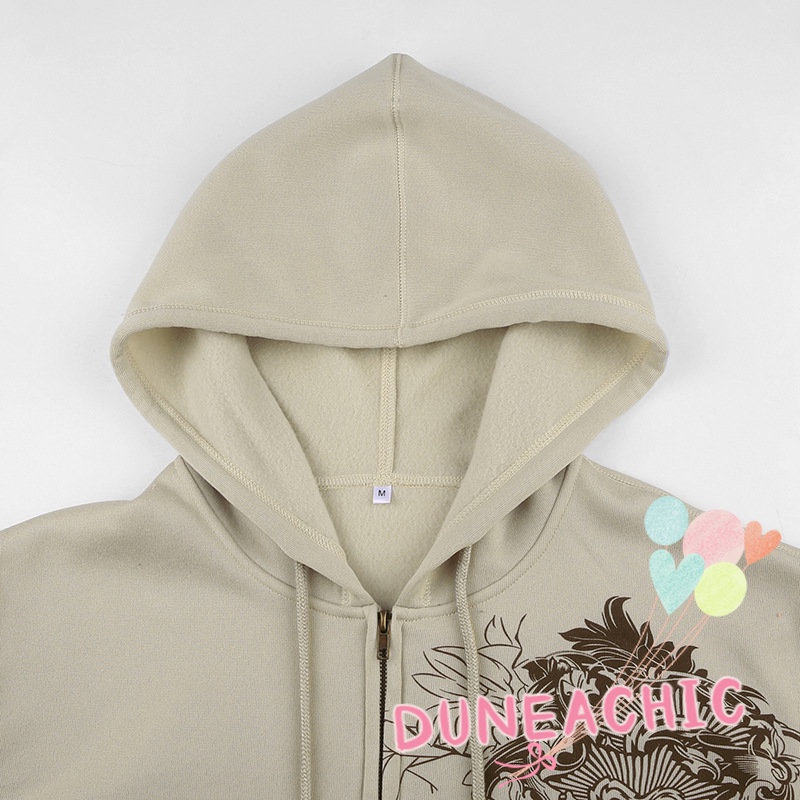 DUNEA Áo Hoodie Tay Dài Dáng Rộng Có Khóa Kéo In Họa Tiết Nghệ Thuật Cho Nữ
