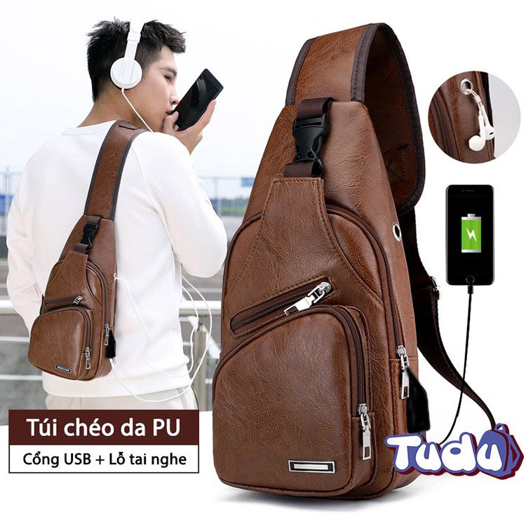 Túi đeo chéo da nam cao cấp thời trang hàn quốc có cổng sạc USB + lỗ tai nghe Hot 2019 ( Tặng Cáp sac USB ) | BigBuy360 - bigbuy360.vn
