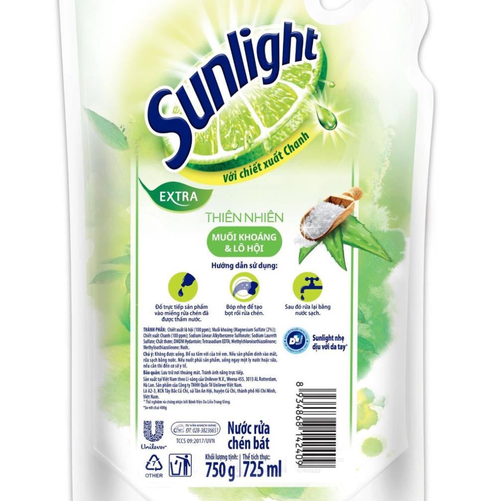 Combo Nước rửa chén Sunlight Thiên Nhiên chiết xuất Lô hội &amp; Muối khoáng chai 750g &amp; túi 750g