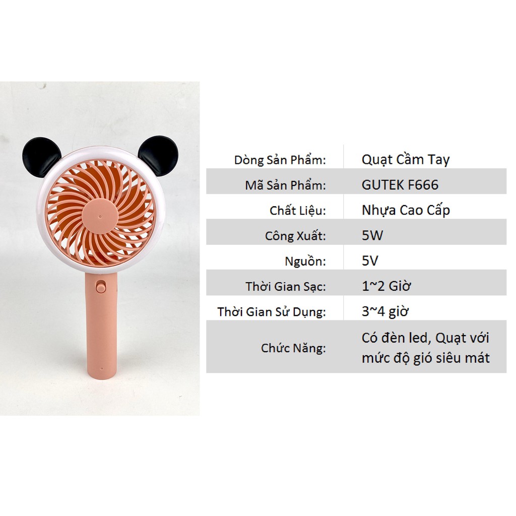 Quạt cầm tay mini để bàn sạc pin tích điện nhỏ gọn có đèn led nhiều tốc độ gió mát hình gấu dễ thương Gutek F670 | BigBuy360 - bigbuy360.vn