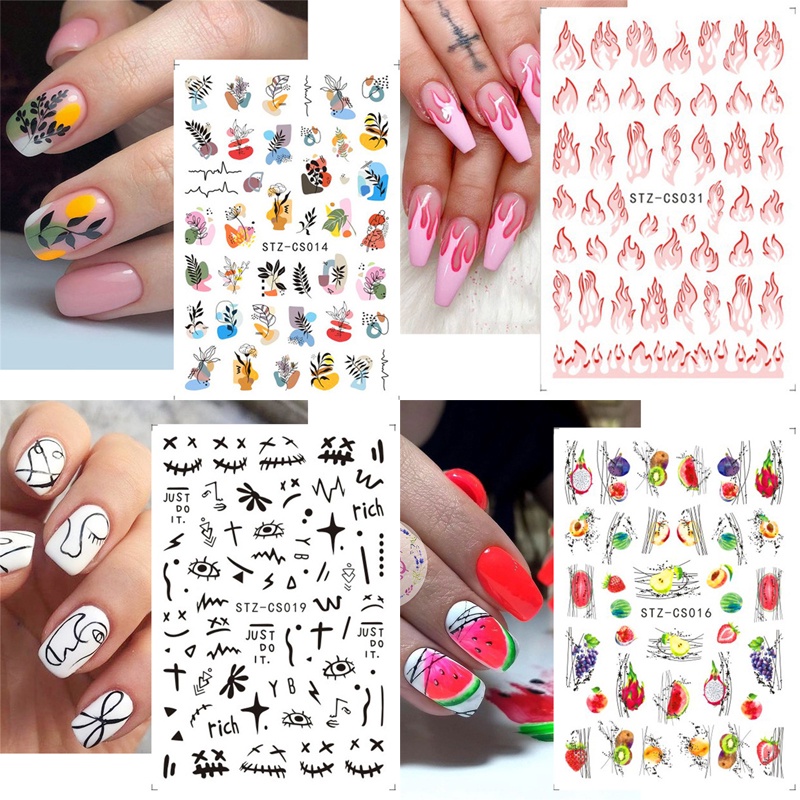 [Hàng mới về] Nhãn dán móng tay 3D hoạ tiết graffiti ngọn lửa/trái cây/hoa lá nhiều mẫu tùy chọn