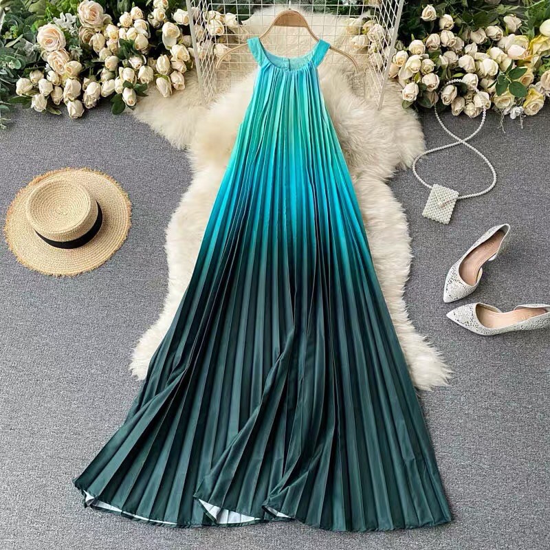 Váy đầm maxi xếp ly cổ yếm màu ombre lạ mắt vintage bầu bì bon chen đi biển đi du lịch