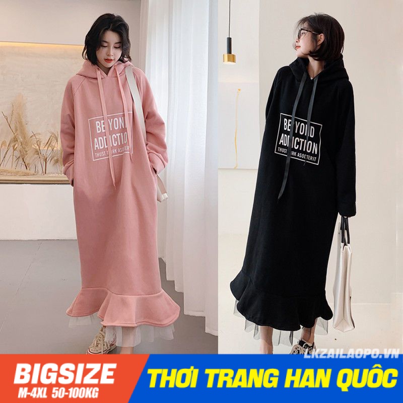 Đầm nỉ Bigsize Đầm bầu hoodie nữ dáng suông tay dài Dày dặn mùa thu Phong cách Hàn Quốc Thời Trang cá tính xinh đẹp cho người mập béo nữ