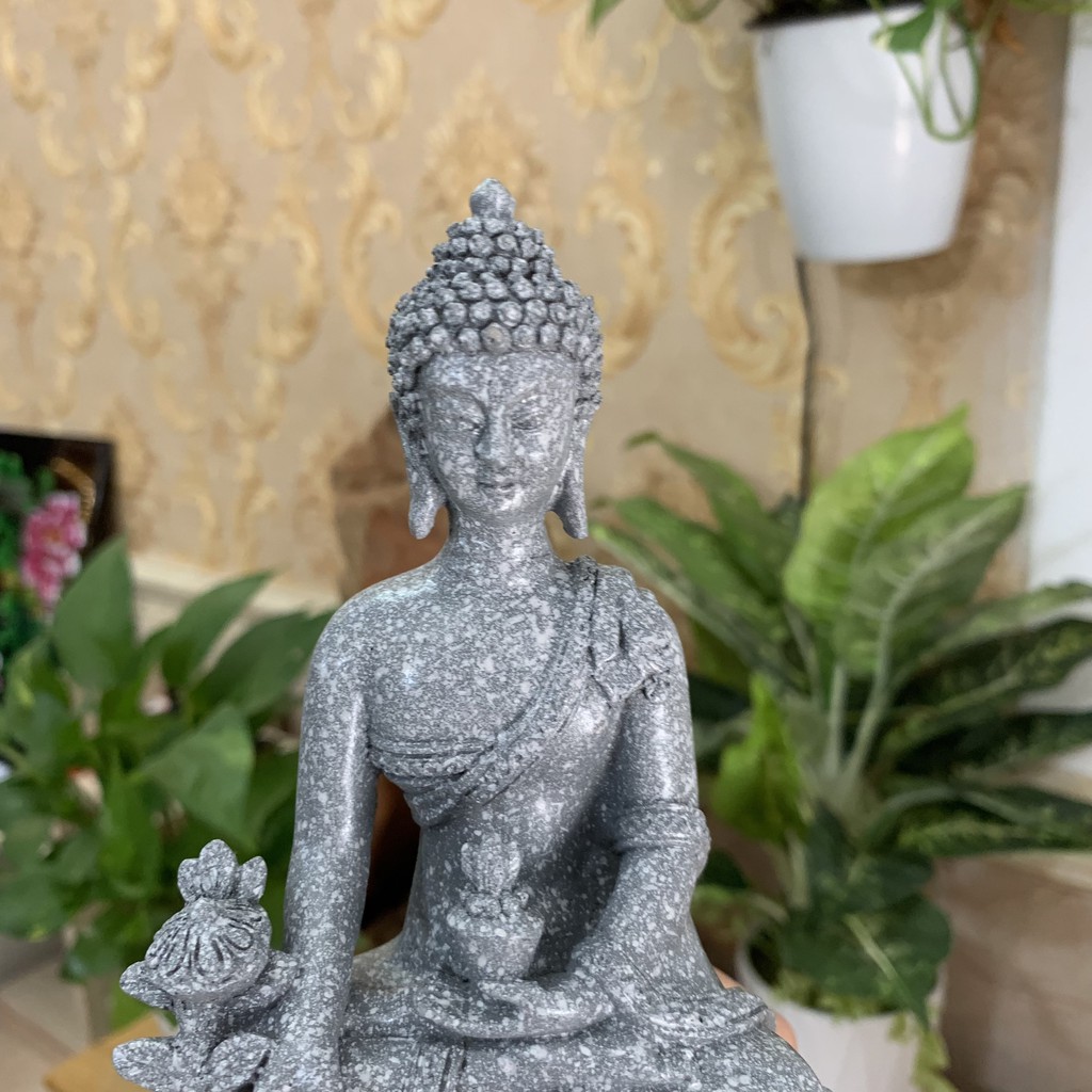 Tượng đá đức Phật Dược Sư trang trí ngồi thiền trên đài sen quà tặng phật giáo  - Chiều cao tượng 16cm - Màu xám