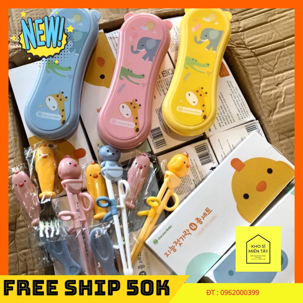 FREE SHIP 50K - Bộ muỗng đũa tập ăn cho bé siêu dễ thương hot hit siêu rẻ màu hồng màu vàng màu xanh