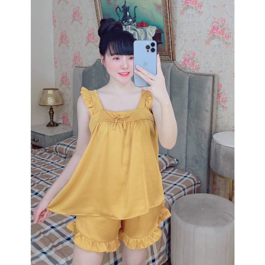 Set đồ ngủ cánh tiên quần bèo chất liệu satin mềm mại freesize dưới 60kg tùy chiều cao