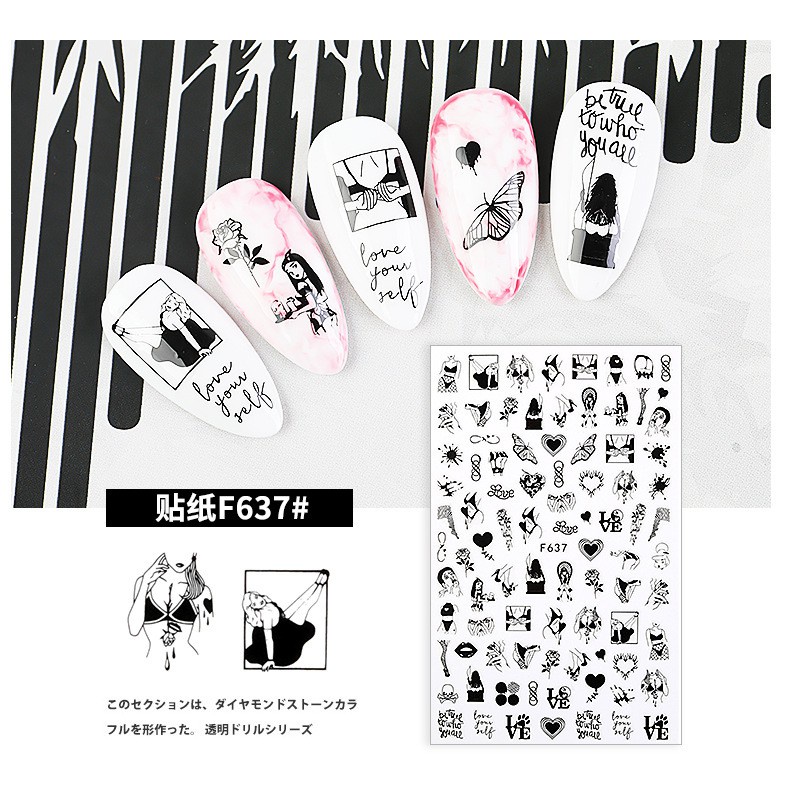 [Hàng mới về] Nhãn dán trang trí móng tay màu đen trắng 3D phong cách châu Âu dễ sử dụng